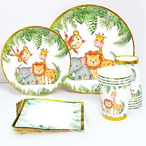 Jungle Safari Juego de vajilla para fiestas, decoraciones de fiesta verde con animales,vajilla desechable platos de papel servilletas para 24 invitados,baby shower,decoración de fiesta de cumpleaños