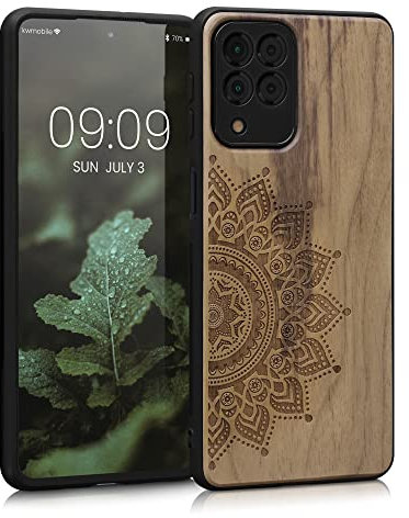 kwmobile Custodia Compatibile con Samsung Galaxy M53 5G Cover - Back Case in Legno con Bumper in Silicone TPU - Sole Marrone Scuro