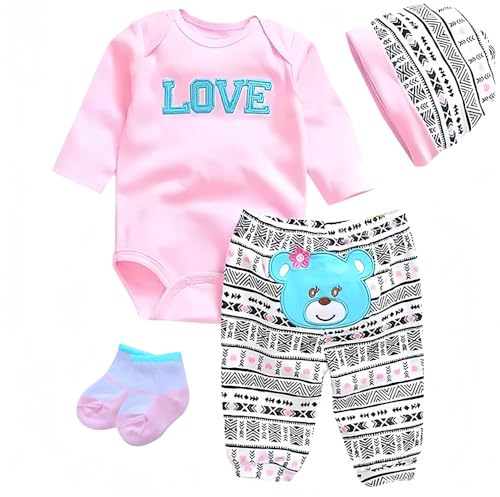 Reborn Baby Dolls Clothes Cute Bear and 'Love' Pattern 4pcs Set for 17-22 Inch Newborn Baby Doll Girl, Baby Doll Clothes Outfit Accessories fit 17-22 Inch Baby Doll Girl&Boy