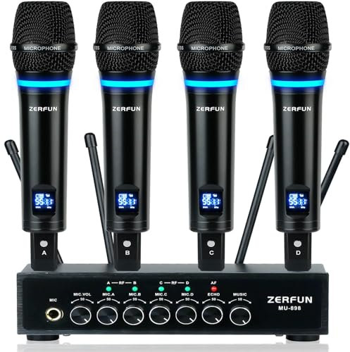 ZERFUN Sistema de micrófono inalámbrico UHF de 4 canales recargable, micrófonos inalámbricos de mano de metal, micrófonos inalámbricos profesionales con control de volumen Bluetooth Echo para karaoke