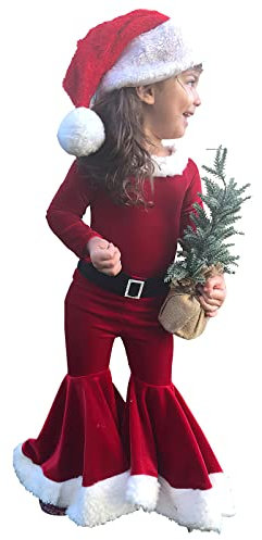 TAGVO Costume Babbo Natale Bambina, 3 Pezzi Velluto Top + Pantaloni + Cappello Set, Vestito Natalizio Elfa di Babbo Natale Bambini 1-9 Anni