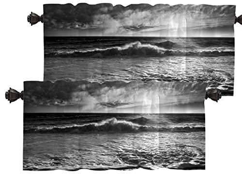 Batmerry Black Ocean Wave Valance Curtains, White Nature Window Treatment Kitchen Valances Multilayer Polyester Blackout for Living Room/Bathroom, 2 Pack 52x18 inches