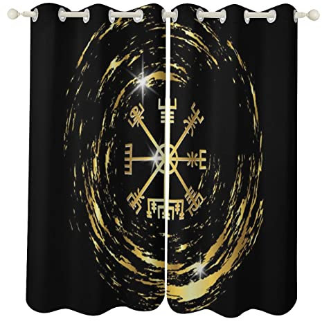 VZXATYOP Retro-Wikinger-Kompass-Verdunkelungsvorhänge, Helm of Awe, Vintage-Vorhang, Deko-Ösen, Bauernhaus-Vorhänge für Schlafzimmer, Küche, 2 Paneele, Schwarz, 8,9 x 182,9 cm, 2 Stück