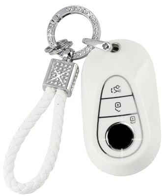 PIFOOG TPU Schlüsselanhänger Cover mit Bling Schlüsselanhänger Keyless Entry Keys Button Schutz Hüllen Weiß Silber (für Benz-C)