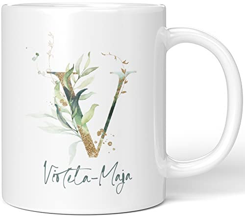 JUNIWORDS Tasse, Violeta-Maja, Name Anfangsbuchstabe Initial Alphabet Floral Buchstabe V Monogramm Motiv, Weiß (5487393)