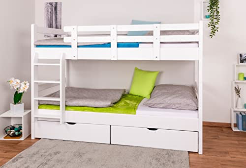 Stockbett für Erwachsene Easy Premium Line K20 inkl. 2 Schubladen und 2 Abdeckblenden, Kopf- und Fußteil gerade, Buche Vollholz massiv Weiß - Liegefläche: 90 x 200 cm, teilbar