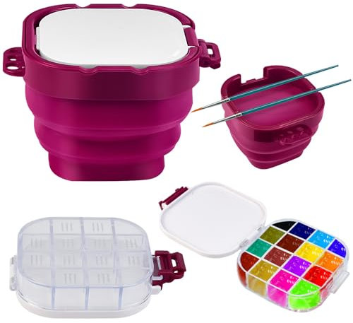 OKUYAN Paint Palette Box with Foldable Paint Brush Washer Portable 16 Wells Airtight Paint Saver Multifunctional Travel Paint Palette Box with Lid for Watercolor Oil Painting Acrylic Gouache (Red)