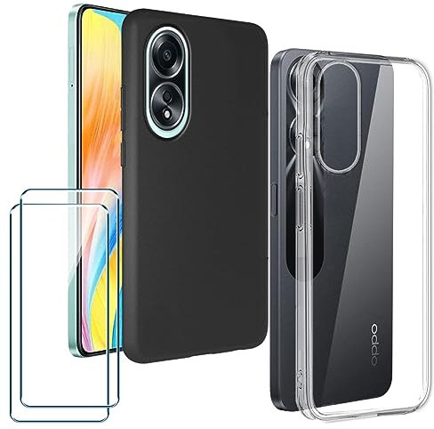 Xiangyun Funda para OPPO A58 4G 1* Transparente Carcasa + 1* Negro Case + 2 X Cristal Templado Membrana Película Protectora - Silicona Suave TPU Estuche Caso (6.72)