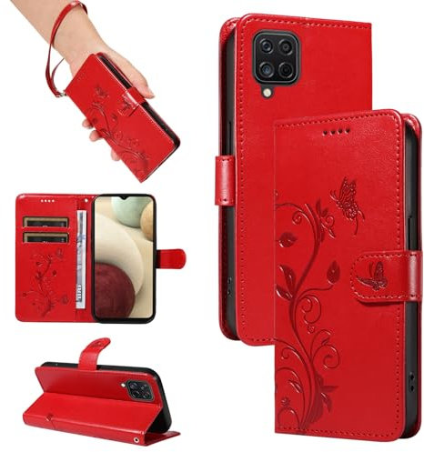 SRISHP Hülle für Samsung Galaxy A12 Hülle, Premium PU Leder Handyhülle mit Band, Magnet Flip Case für Galaxy A12, Rot