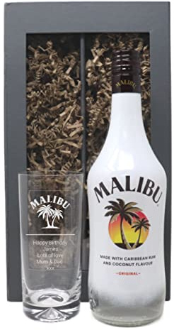 Personalised Dimple Highball Glass & Malibu Coconut Rum 70cl - Label Design (Presentation Gift Box)