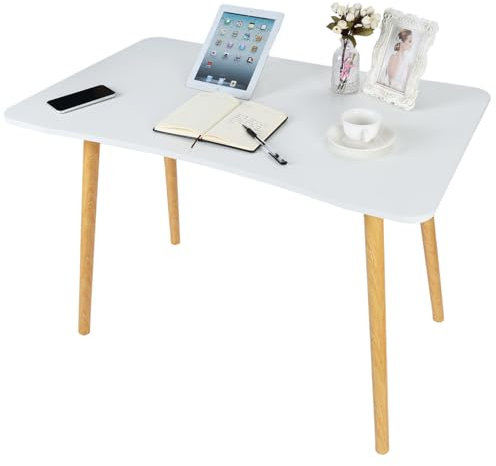 Haloppe Escritorio para ordenador de 39 pulgadas, mesa de oficina en casa con 4 patas de madera maciza, mesa de trabajo que ahorra espacio, color blanco