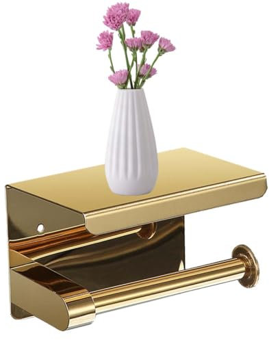 Gold Toilet Paper Holder with Shelf Wall Mount Toilet Roll Holder with Storage Bathroom Accessories Tp Holder with Phone Shelf Stainless Steel Material
