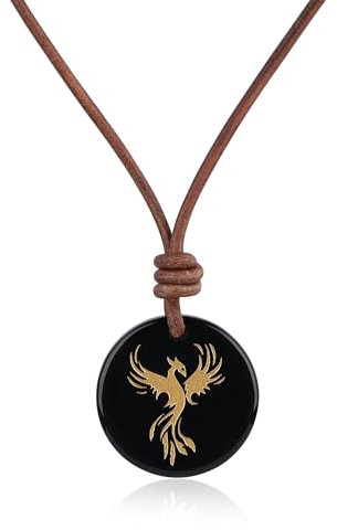 COAI Echtes italienisches Leder Halskette mit Schwarzer Obsidian Rundanhänger handgeschnitzt Phönix für Herren