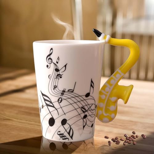 Keramik Kaffeetasse mit Saxophon Henkel, Musik Note Bedruckt Teetasse Geschenk Tasse Keramiktasse Kaffeebecher Für Musiklieber Musik Geschenk, 250ml, Gelb