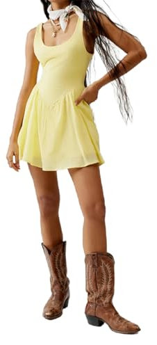 Geagodelia Abiti Corti Donna Estivi Elegante Abiti Corti Estate Stile Semplice in Tulle Vestito Donna Miniabito Abito da Spiaggia Senza Maniche con Tasche (Giallo, M)