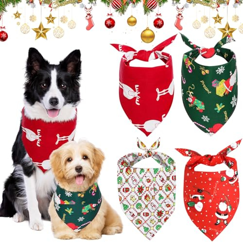 4 Stück Halstuch Hund Weihnachten, Hundehalstuch Weihnachten, Weihnachtshalstuch Hund mit Weihnachtlichen Cartoon Mustern, Schneeflocken, Elch, Weihnachtsmann, Weihnachts Accessoires Hund