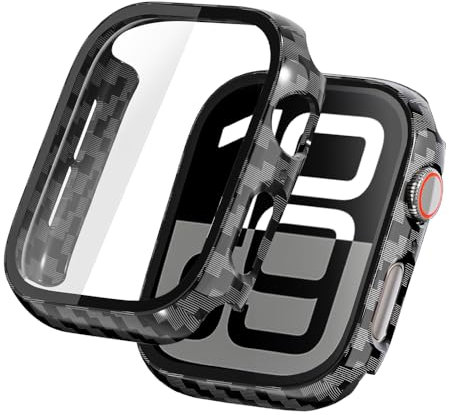 LINTEKER 2 Pack Hard Case for Apple Watch Series 10 Screen Protector 42mm, with 9H Tempered Glass Screen Protector, Full Protective Cover for iWatch Ultra Accessories 42mm, Carbon Fiber