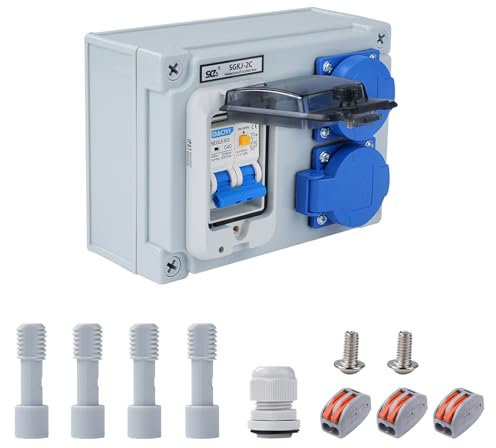 Distributore di corrente Buyweek con protezione dalle perdite RCD 50A 1P+N, scatola di distribuzione a parete con interruttore FI e prese Schuko, IP54 impermeabile(2-Way)