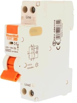 MeanWell Interruttore Magnetotermico Differenziale Tipo A 30mA 6000A, RCBO 1P+N C16 16A, Slim Da 1 Modulo DIN, Curva C 2 Poli 220V
