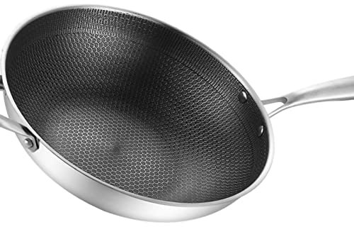 OPPWONG Wok, Poêle à Wok en Nid D'abeille Double Face à 3 Couches, Wok en Acier Inoxydable avec Micro-gravure Finement Sculptée pour la Cuisine (34 cm/13,4 pouces (sans couvercle et avec)