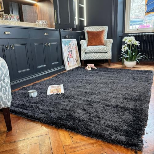 Shaggy Charcoal Black Soft Insulating Rug High Pile Thick Solid Colour Warm Touch Living Area Bedroom Rugs 80cm x 150cm (2ft 7 x 4ft 11)