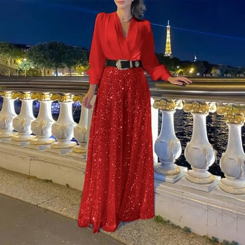 Damen-Jumpsuit mit Pailletten, weite Beine, lockerer V-Ausschnitt, faltbar, elegant, Abendparty (2XL, rot)