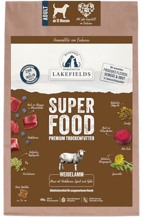 Lakefields SUPERFOOD | Premium Hundefutter trocken | 61% Lamm | 4 x 2,5kg | Getreidefreies Trockenfutter für ausgewachsene Hunde | Mit Leinsamen, Heidelbeeren & Roter Beete | Von Tierärzten entwickelt