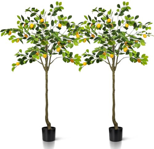 Jexine Lot de 2 citronniers artificiels de 1,5 m de haut, faux citronnier pré-en pot, 25 citrons réalistes pour décoration d'intérieur, salon, bureau