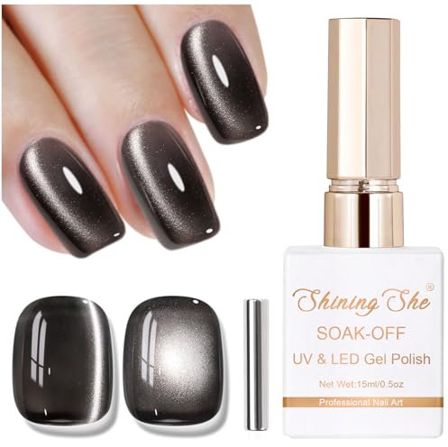 Shining She Gel Nail Polish Cat Eye, 15ML Jelly Black Glassy Crystal Magnetic Nail Polish with Magnet Soak-Off UV/LED Shimmer Glitter Gel Polish for Nail Art Salon DIY Home, 1PC