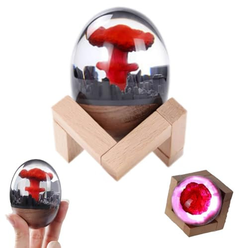 Einzigartige Holzdrachenei mit Atombombenexplosionslampe, 3D-Pilzwolke Atombombenmodell Atmosphäre Lampe, kreative Wolke Nuklear Blast Tischlampe mit Holzhalterung Osterdekorationen