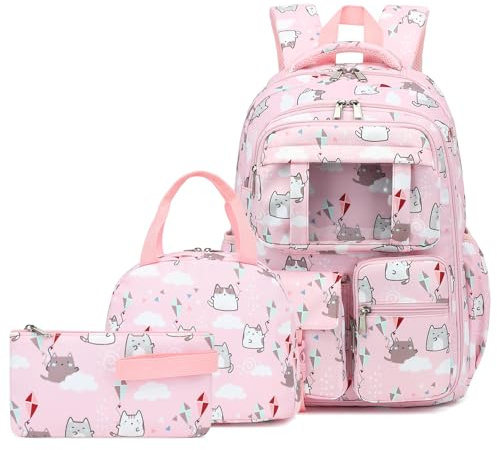 Kouxunt Cat School Backpack for Teens Girls, 3PCS Refrigerator Door Backpacks with Insulated Lunch Box Pencil Bag for Kids Women Students (Pink)