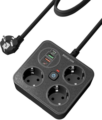 BOCHLION Regletas Enchufes con USB, 3 Toma de Corriente y 4 USB Puertos (PD 20W & QC 3.0), Enchufe Multiple Proteccion Sobretension con Interruptor, Regleta Pared y Cable 1.8 m, Negro