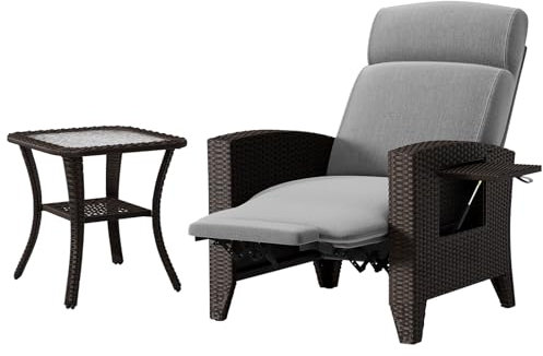 Loungesessel Balkon Set, bequeme Rattan Gartenstühle mit Liegefunktion, Hochlehner Relaxsessel mit Fußteil, verstellbare Polyrattan Gartenliege für Schwergewichtige (Modern, Grau braun+Couchtisch)