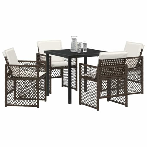 vidaXL 5-teiliges Gartentischset mit Kissen in Braun und Schwarz | Stabiler Stahlrahmen, moderner Tisch und Stühle für draußen, passend für 4 Personen, Möbel für die Terrasse, Al Fresco Rattan