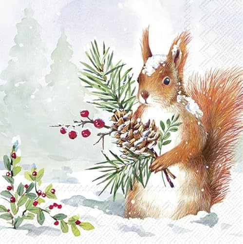 Servietten 3-lagig 25x25 cm | 20 Stück | Papierservietten Bunt Perfekt für den Weihnachtstisch | Weihnachten | Tischdeko | Decoupage | Serviettentechnik (Eichhörnchen)