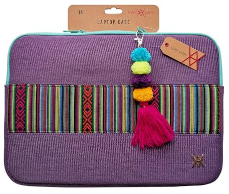 WONDEE Vam Vam Funda Portátil 14 Pulgadas de Tela Bordada Estilo Étnico y Original Tirador Llavero - Maletín/Funda Ordenador Portátil hasta 14 Compatible con Macbook Air, Acolchada y Reforzada