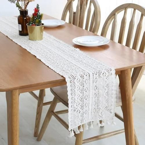 Makramee Tischläufer Vintage Baumwolle Boho-Stil Häkelspitze Tischläufer mit Quasten Vintage-Hochzeitstischläufer, für Hochzeit Restaurant Ländliche Esstisch (gehäkelteTischdecke 140x24cm)