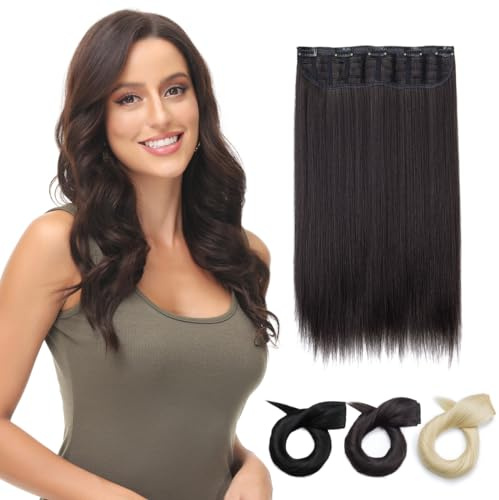 PARXITN Clip in Hair Extensions One Piece 5 Clips Lang Weft 40cm Gerade Synthetische Haarteile für Frauen 3/4 Full Head Mesh-Layered Weft 1 Tresse Haarverlängerung Naturbraun