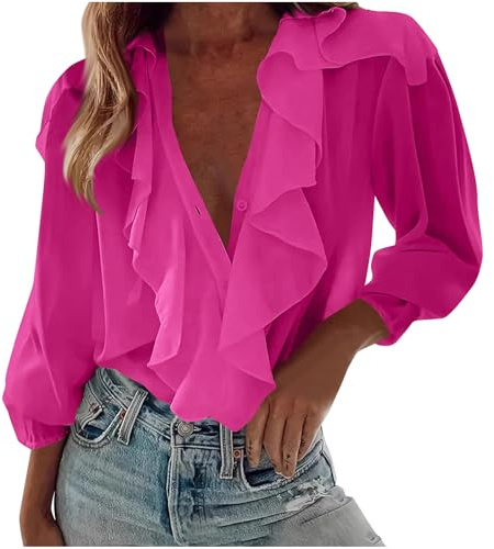 Long Sleeve Chiffon Blouses for Women UK Ruffle V Neck Button Down Shirts Elegant Party Dressy Tops Solid Casual Office Tunic Shirts Puff Sleeve Holiday Vacation