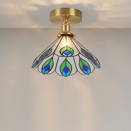 OOWOKS Vintage Deckenleuchte Metall mit Transparent Glas Lampenschirm Pfau Lampe E27 Tiffany Deckenlampe 3000K Warmes Licht Retro Flurlampe für Wohnzimmer Schlafzimmer Esszimmer