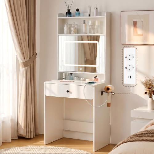 TUKAILAI Kleiner Schminktisch mit Öffnendem Spiegel und LED-Beleuchtung, 60x40x160 cm,Kosmetiktisch mit Spiegel & Steckdose, offene Regale Modern Frisiertisch fürs Schlafzimmer, Weiß