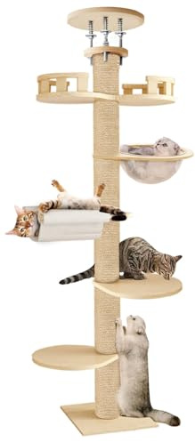 Floor to Ceiling Cat Tree, 6 Level Adjustable Height (6-10ft) Cat Climbing Tower with Thickened Scratching Posts, Cats Activity Center with Cozy Hammock, Cat Tree Tower for Indoor Cats Kittens (Beige)