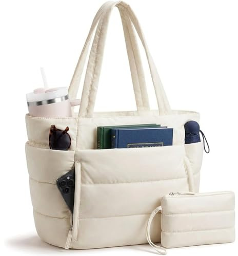 WENXIN Damen Shopper Tasche Leicht Handtasche, 20L Große Gesteppte Puffer Tote Bag mit Vielen Fächern & Reißverschluss, 15,6 Zoll Laptopfach Arbeitstasche Schultasche für Büro Uni Reisen (Beige)