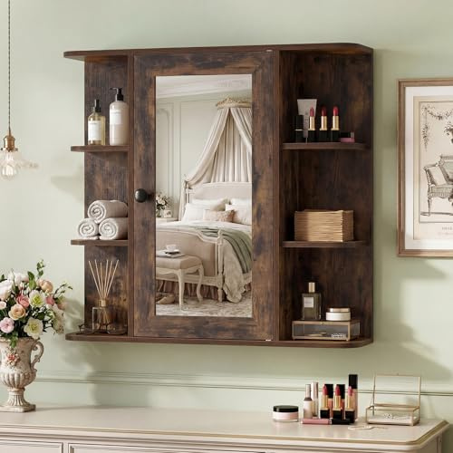 Multigot Bathroom Mirror Cabinet (Rustic Brow, 66 x 16.5 x 63 cm) | Wall-Mounted Storage Cupboard with Adjustable Shelves, Single Door Organizer Unit for Living Room and Bedroom