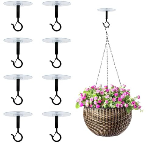 Ganchos Adhesivos para Techo (8 Piezas, Negro), Ganchos para Colgar Extra Fuertes Autoadhesivos sin Taladrar - Soporta hasta 3 kg, Gancho Adhesivo para Plantas, Lámparas, Jaulas Pájaros, Decoración