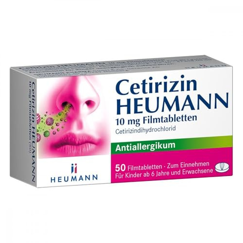 Cetirizin HEUMANN 10 mg Filmtabletten, Antiallergikum, 50 St | Hemmt die Wirkung von Histamin, bei allergischem Schnupfen, Heuschnupfen und Nesselsucht, lindert Juckreiz und Rötungen