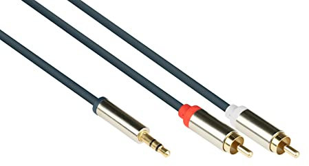 Good Connections GC-M0061 - Cable de conexión de audio de alta calidad, 3,5 mm, conector jack a 2 conectores RCA (CA), OFC, carcasa de metal, 5 m, color azul oscuro