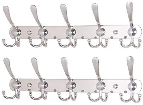 Dseap Wall Mounted Coat Rack - 5 Tri Hooks, Heavy Duty, Stainless Steel, Metal Coat Hook Rail for Coat Hat Towel Purse Robes Mudroom Bathroom Entryway (Chromed, Pack of 2)