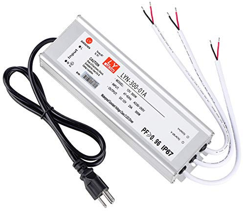 LED Driver 300 Watts (100W X3) 25A Waterproof IP67 Power Transformer Adapter 90-265V AC to 12V DC Low Voltage Output, With 3-pin plug 3.3 ft LED Cable for LED Lighting Outdoor Light and Any 12V DC LED