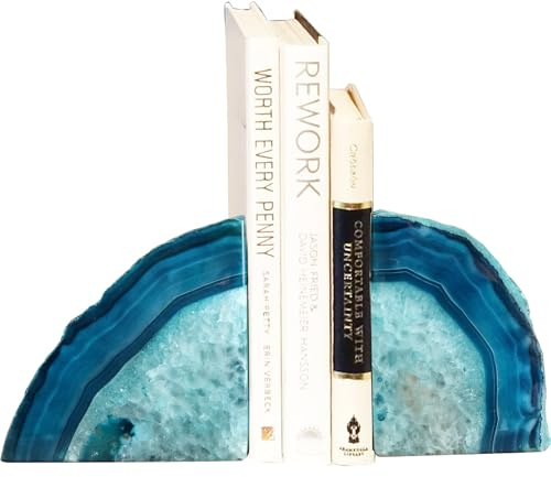 AMOYSTONE Achat Buchstützen für Regale - Dekorative Kristall Stein Buchstützen, Blaugrün Gefärbt mit Gummipuffer, Heavy Duty, 1 Paar, 1,4-1,8 kg